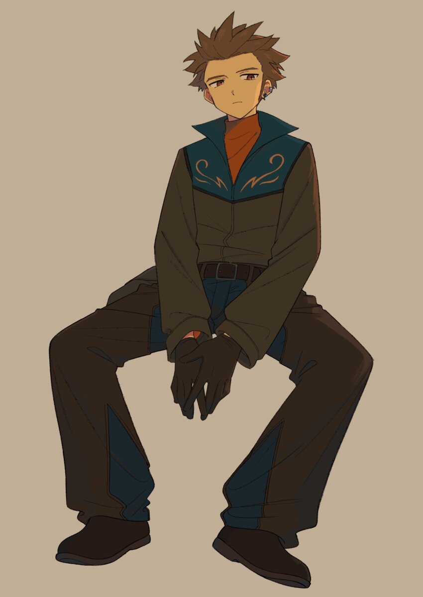 1boy belt brown_belt brown_hair chaps character_request closed_mouth commentary_request full_body gloves highres invisible_chair ittumozzz jacket long_sleeves male_focus nintendo own_hands_together pokemon pokemon_colosseum pokemon_xd rider_(pokemon) shirt shoes short_hair simple_background sitting solo spiked_hair willie_(pokemon)