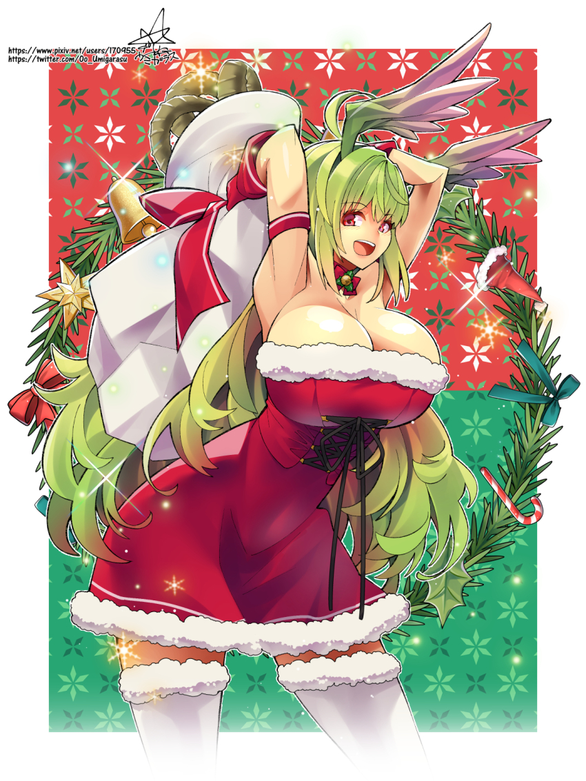 :d ahoge armband armpits bell blush bow bowtie breasts candy candy_cane christmas christmas_ornaments christmas_wreath cleavage corset dress food fur-trimmed_dress fur-trimmed_thighhighs fur_trim gloves green_background green_hair hat head_wings highres holding holding_sack holly huge_breasts long_hair mini_hat mini_santa_hat neck_bell open_mouth original pixiv_id pixiv_username red_armband red_background red_bow red_bowtie red_corset red_dress red_eyes red_gloves red_ribbon ribbon sack santa_costume santa_dress santa_hat shiny_skin smile snowflake_background snowflakes sparkle teeth thighhighs tongue twitter_username two-tone_background umigarasu_(kitsune1963) upper_teeth_only very_long_hair white_thighhighs wings wreath