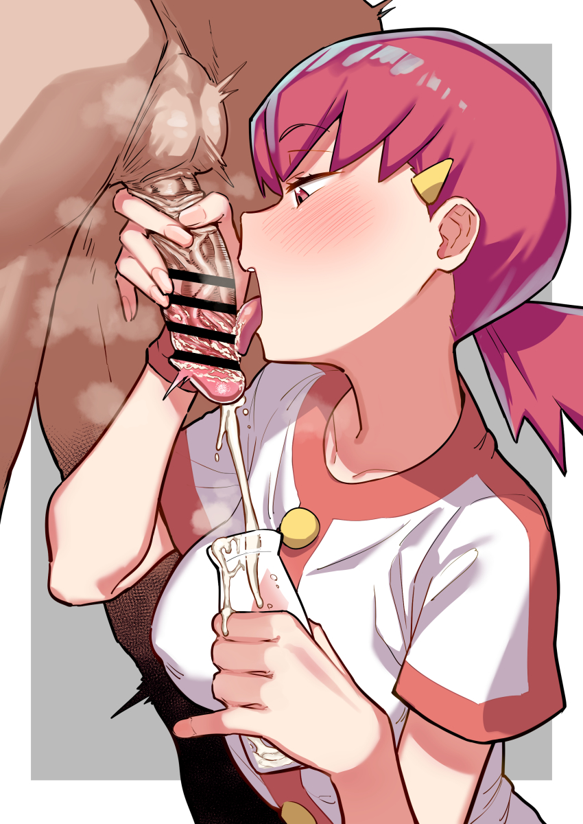 1boy 1girl absurdres bar_censor blush bottle breasts censored cum ejaculation erection fellatio hair_ornament hairclip handjob hetero highres holding holding_bottle jacket large_breasts licking licking_penis long_hair milking_handjob naughty_face nintendo open_mouth oral penis penis_milking pokemon pokemon_hgss projectile_cum red_eyes red_hair reinoenu_(anon) short_sleeves smegma smile solo_focus testicles tongue tongue_out white_jacket whitney_(pokemon)