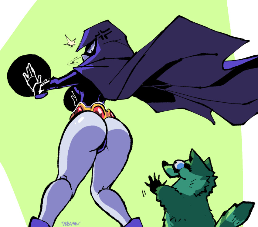 1boy 1girl anger_vein angry animal ankle_boots artist_name ass beast_boy_(dc) belt black_leotard boots bulging_eyes cloak colored_skin constricted_pupils couple dc_comics dreaminerryday eye_pop eyes_in_shadow from_behind furry green_background green_fur grey_skin hand_up hood hooded_cloak legs leotard looking_at_another looking_back magic motion_lines open_hands open_mouth outstretched_arm purple_cloak purple_footwear raccoon raven_(dc) reaching shiny_skin snout teen_titans thighs v-shaped_eyes wedgie white_background wind wind_lift
