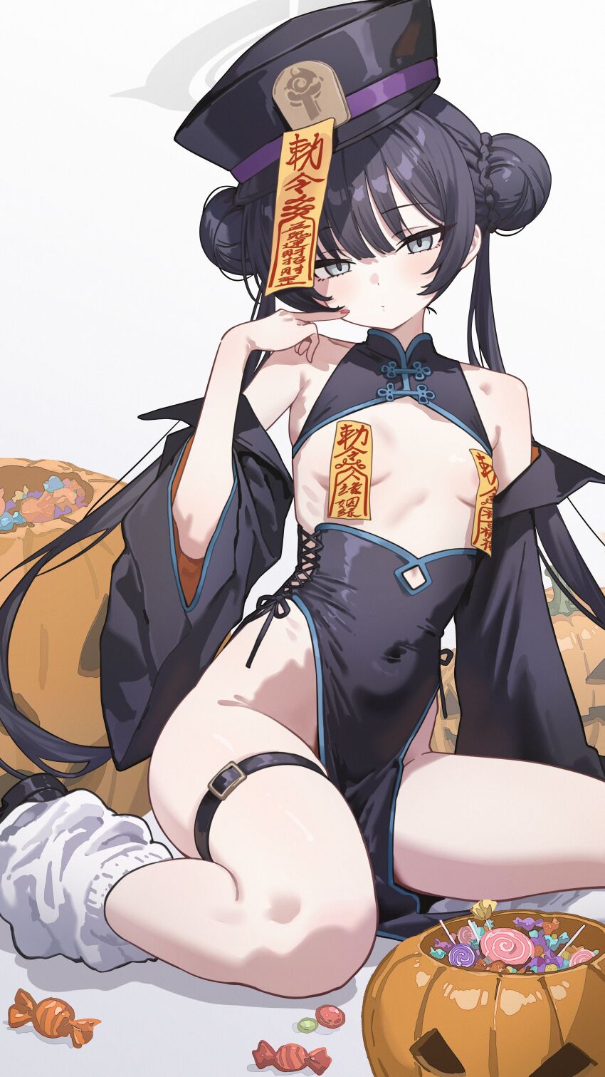 1girl absurdres black_hair blue_archive breasts candy chinese_clothes commentary covered_navel double_bun dress eco_376124 food hair_bun halloween halo hat highres jiangshi_costume kisaki_(blue_archive) long_hair looking_at_viewer ofuda ofuda_on_nipples pasties small_breasts solo symbol-only_commentary twintails