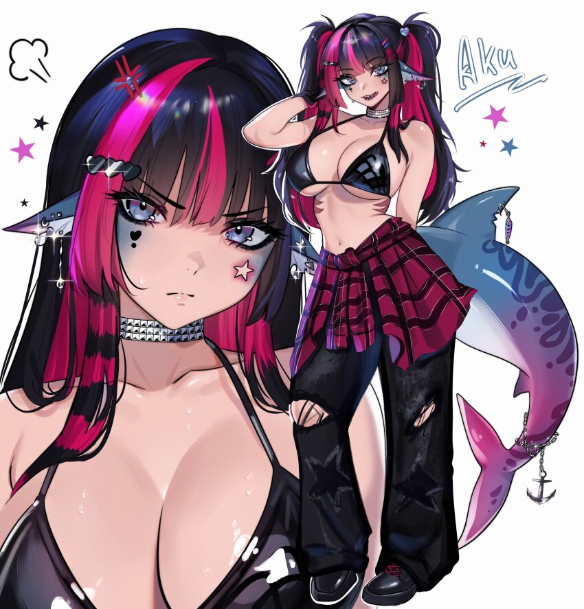 1girl absurdres adramallih anchor_ornament anger_vein animal_ear_piercing animal_ears arm_behind_back bare_arms bare_shoulders bikini bikini_top_only black_bikini black_hair black_pants black_shoes blue_eyes breasts chain choker cleavage clothes_around_waist collarbone contrapposto facial_mark fins fish_tail gills hair_between_eyes hair_ornament hairclip hand_in_own_hair heart heart_facial_mark heart_hair_ornament highres jacket jacket_around_waist large_breasts licking_lips long_hair looking_at_viewer mark_under_both_eyes multicolored_hair multiple_views navel original outline pants piercing pink_hair puff_of_air shark_tail sharp_teeth shoes simple_background star_(symbol) star_facial_mark stomach streaked_hair striped_clothes striped_jacket swimsuit tail tail_ornament tail_piercing teeth tied_jacket tongue tongue_out torn_clothes torn_pants twintails white_background white_outline