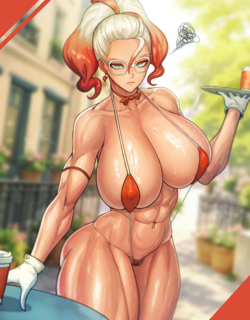 abs absurdres angry aqua_eyes bikini blonde_hair bow bowtie breasts desk glass glasses gloves griselle_(pokemon) hair_pulled_back highres huge_breasts kingbang lipstick looking_at_viewer makeup micro_bikini multicolored_hair muscular muscular_female muscular_legs navel navel_piercing nintendo piercing pokemon pokemon_legends:_z-a ponytail red_hair shiny_skin slingshot_swimsuit split_ponytail sweat swimsuit thighs two-tone_hair waitress