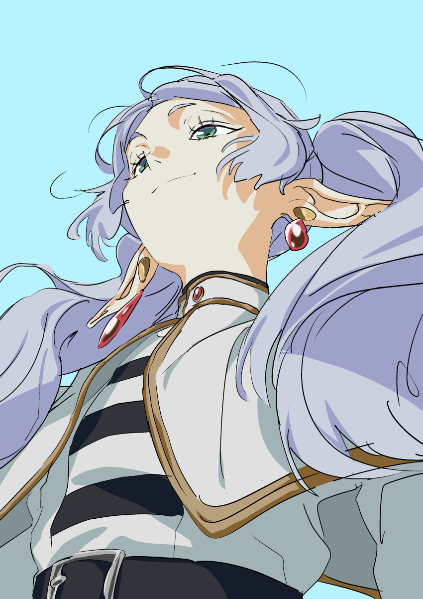 1girl absurdres blue_background capelet earrings elf frieren green_eyes grey_hair highres jewelry long_hair meme namaewokudasa pointy_ears simple_background solo sousou_no_frieren twintails upper_body upward_angle_frieren_drawing_(meme) white_capelet