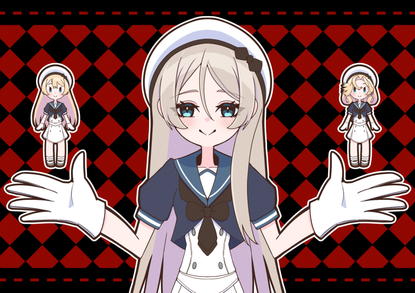 3girls black_neckerchief blue_eyes blue_jacket blue_sailor_collar checkered_background chibi daichi_(daiti1318) dress full_body gloves grey_hair hat highres jacket janus_(kancolle) javelin_(kancolle) jervis_(kancolle) kantai_collection long_hair looking_at_viewer loose_hair_strand multiple_girls neckerchief sailor_collar sailor_dress sailor_hat short_sleeves standing upper_body white_dress white_gloves white_hat