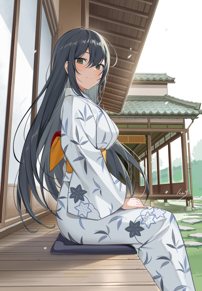 1girl aoi_(monochrome_bunny) banned_artist black_hair blue_sky cloud commentary_request cushion day feet_out_of_frame highres house icomochi japanese_clothes kimono leaf_print long_hair looking_at_viewer original outdoors sitting sky smile solo veranda white_kimono yukata zabuton