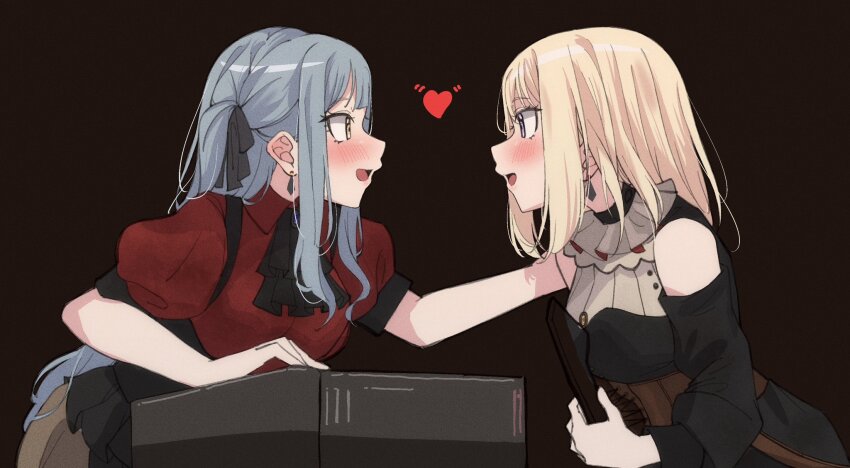 2girls ascot bang_dream! bang_dream!_it&#039;s_mygo!!!!! black_ascot blonde_hair blue_brooch blue_hair blush brown_background brown_corset clothing_cutout commentary_request corset doloris_(bang_dream!) electric_guitar extreme_yuri_buta guitar hair_ribbon hand_on_another&#039;s_shoulder heart highres instrument keyboard_(instrument) long_hair long_sleeves medium_hair misumi_uika multiple_girls oblivionis_(bang_dream!) open_mouth photo-referenced red_shirt ribbon shirt shoulder_cutout sidelocks simple_background togawa_sakiko yuri