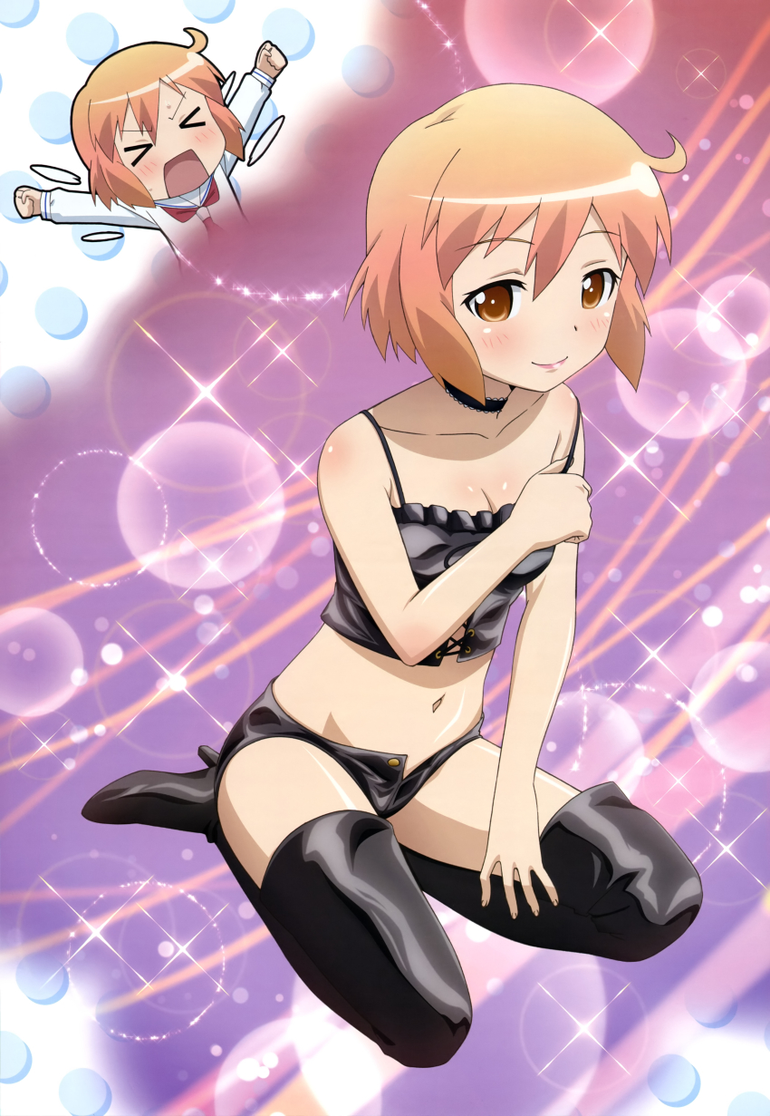 &gt;_&lt; 10s 1girl absurdres blush boots camisole closed_eyes covering_breasts covering_privates female_focus highres kotoura-san kotoura_haruka legs matching_hair/eyes non-web_source nyantype official_art open_mouth orange_eyes orange_hair scan school_uniform serafuku short_hair smile solo speech_bubble suzuki_isamu thigh_boots thighhighs thought_bubble