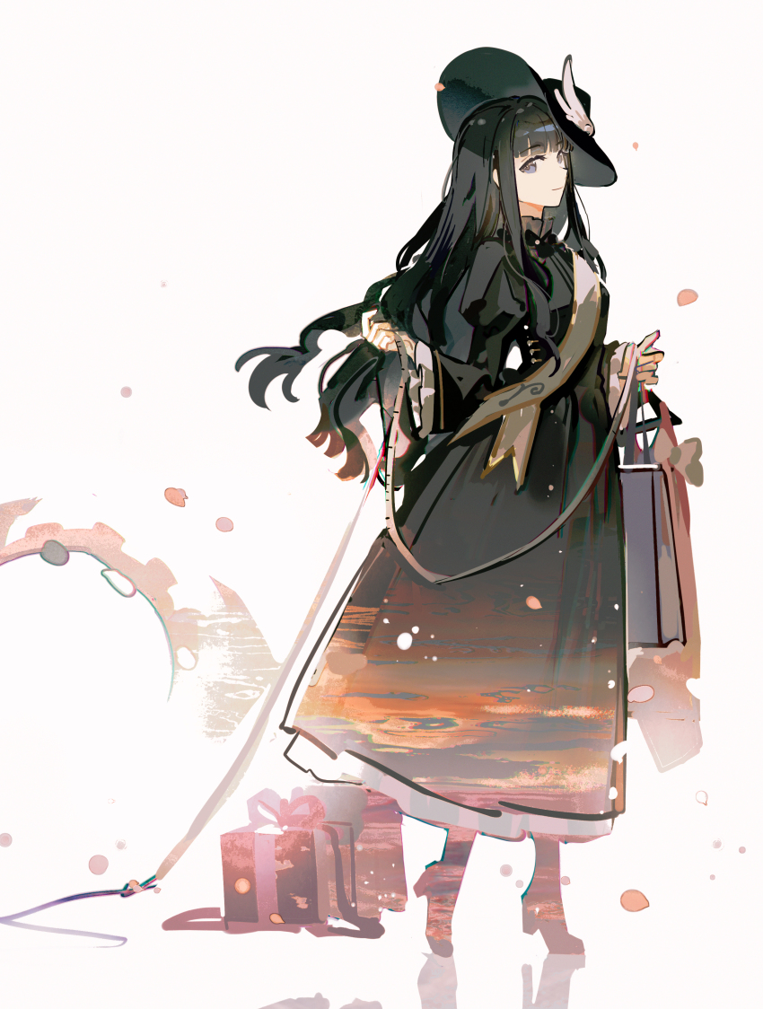 1girl absurdres black_dress black_hair black_hat blunt_bangs box dress full_body gift gift_box hat highres holding juliet_sleeves long_hair long_sleeves looking_at_viewer mento puffy_sleeves sidelocks simple_background solo tomoyo_hime tsubasa_chronicle white_background