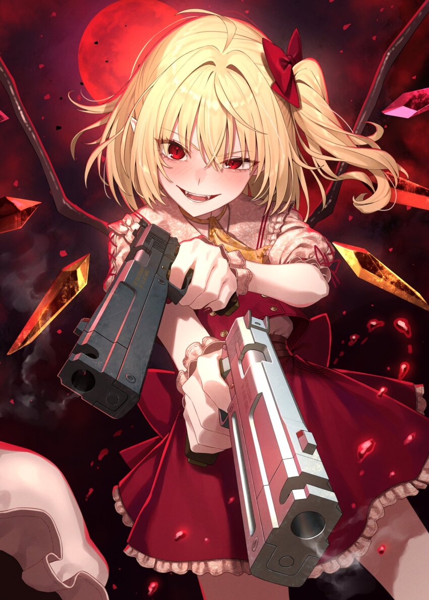 1girl ascot blonde_hair blood devil_may_cry_(series) dress dual_wielding ebony_&amp;_ivory evil_grin evil_smile flandre_scarlet greenkohgen grin gun handgun highres holding moon red_dress red_eyes red_moon red_sky sky smile smoke smoking_barrel solo touhou weapon yellow_ascot