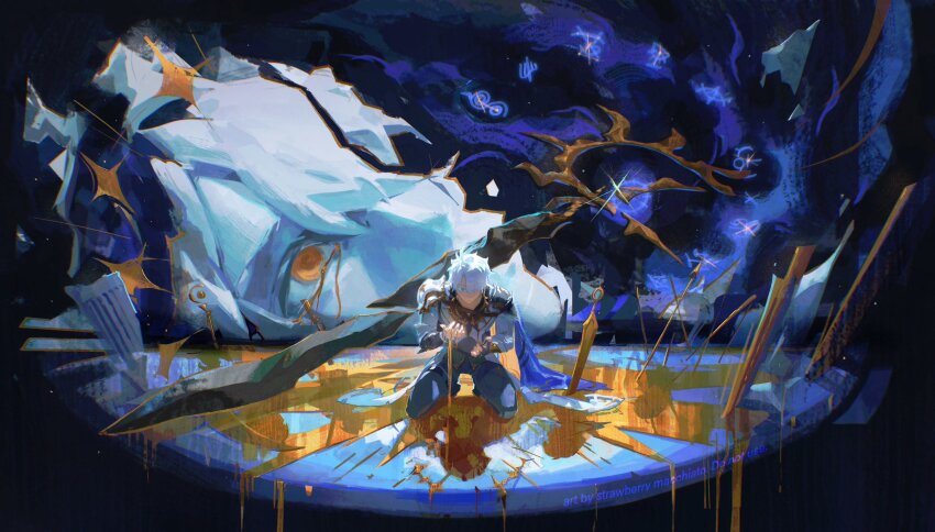 2boys antenna_hair armor black_gloves black_pants black_shirt blood bloody_tears blue_cape blue_eyes cape coat commentary coreflame_(honkai:_star_rail) cracked_skin dripping english_commentary fingerless_gloves gloves highres honkai:_star_rail honkai_(series) huge_weapon kneeling male_focus multiple_boys pants pauldrons phainon_(honkai:_star_rail) planted planted_sword planted_weapon sberrymacchiato shirt short_hair shoulder_armor single_glove single_pauldron sword weapon white_coat white_hair yellow_blood