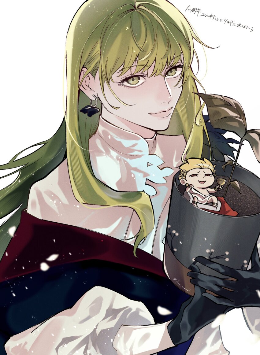 1boy 1other absurdres androgynous chibi enkidu_(fate) enkidu_(fgo_fes._2025)_(fate) fate/grand_order fate_(series) gilgamesh_(fate) gilgamesh_(fgo_fes._2025)_(fate) green_eyes green_hair highres km_mechi long_hair other_focus plant riyo_(lyomsnpmp)_(style)