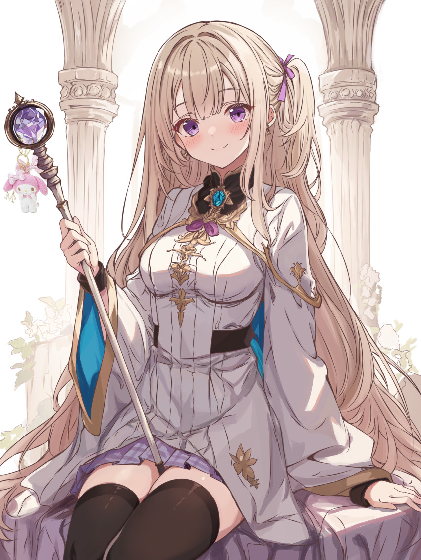 1girl black_thighhighs blonde_hair blush breasts closed_mouth commentary_request cowboy_shot cutlass_(classic_chocolate) dress hair_ribbon highres holding holding_staff long_hair long_sleeves looking_at_viewer medium_breasts one_side_up original pillar plaid_clothes plaid_skirt pleated_skirt purple_eyes purple_ribbon purple_skirt ribbon sitting skirt smile solo staff thighhighs very_long_hair white_dress wide_sleeves