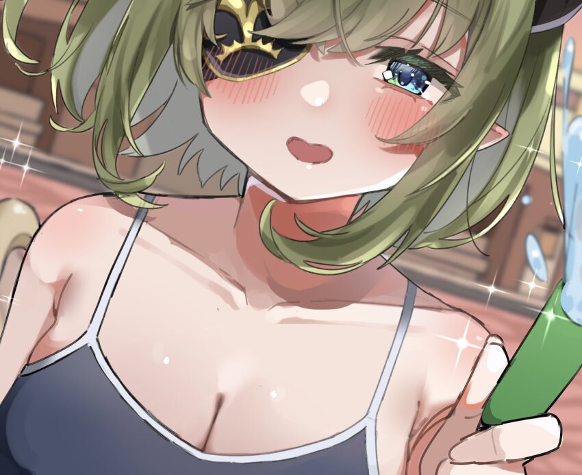 1girl black_sports_bra blue_eyes blush breasts cleavage collarbone commentary_request dutch_angle eyepatch green_hair hair_between_eyes highres holding holding_hose hose large_breasts looking_at_viewer medium_hair nanashi_inc. open_mouth outdoors pointy_ears sekishiro_mico smile solo sparkle sports_bra tamotsu_(mary) upper_body virtual_youtuber water