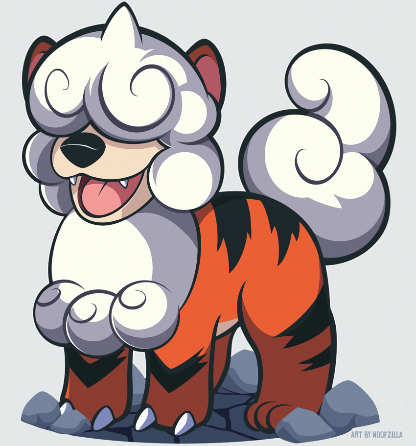 animal_focus claws commentary english_commentary fangs full_body grey_background highres hisuian_growlithe nintendo no_humans open_mouth pokemon pokemon_(creature) rock simple_background solo woofzilla