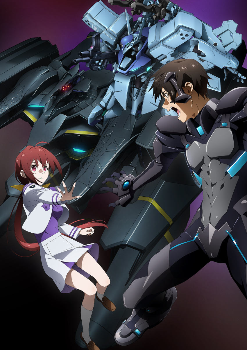 1boy 1girl absurdres ahoge brown_hair extra_eyes floating floating_hair fortified_suit gun hair_behind_ear hair_ribbon highres holding holding_gun holding_weapon kagami_sumika key_visual long_hair looking_to_the_side low_ponytail mecha mecha_pilot_suit muv-luv muv-luv_alternative muv-luv_alternative_(anime) official_art open_hand open_mouth pilot_suit ponytail promotional_art red_eyes red_hair ribbon robot science_fiction shirogane_takeru tactical_surface_fighter type_94_shiranui weapon xg-70b_susanoo_ii yellow_ribbon