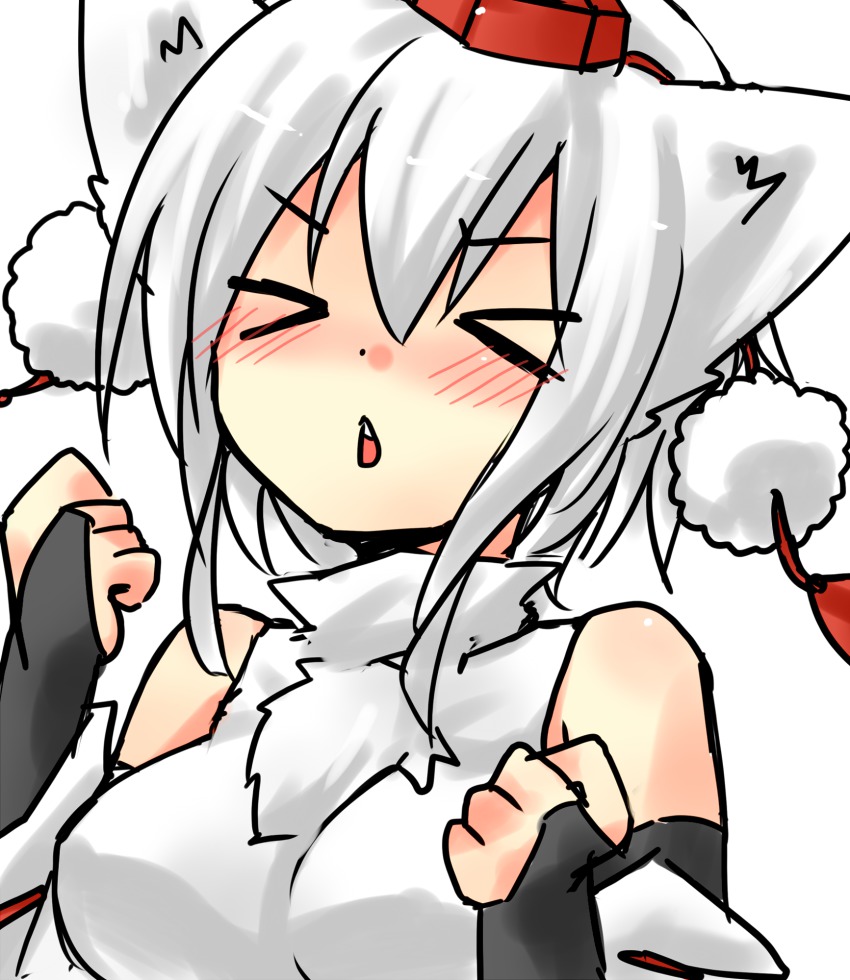 &gt;_&lt; 1girl animal_ears bad_id bad_pixiv_id bare_shoulders black_bridal_gauntlets blush breasts bridal_gauntlets chibi closed_eyes detached_sleeves female_focus hat highres howling inubashiri_momiji medium_breasts meme red_hat sawatari_(sado) short_hair silver_hair simple_background sketch solo tokin_hat touhou upper_body white_background wolf_ears