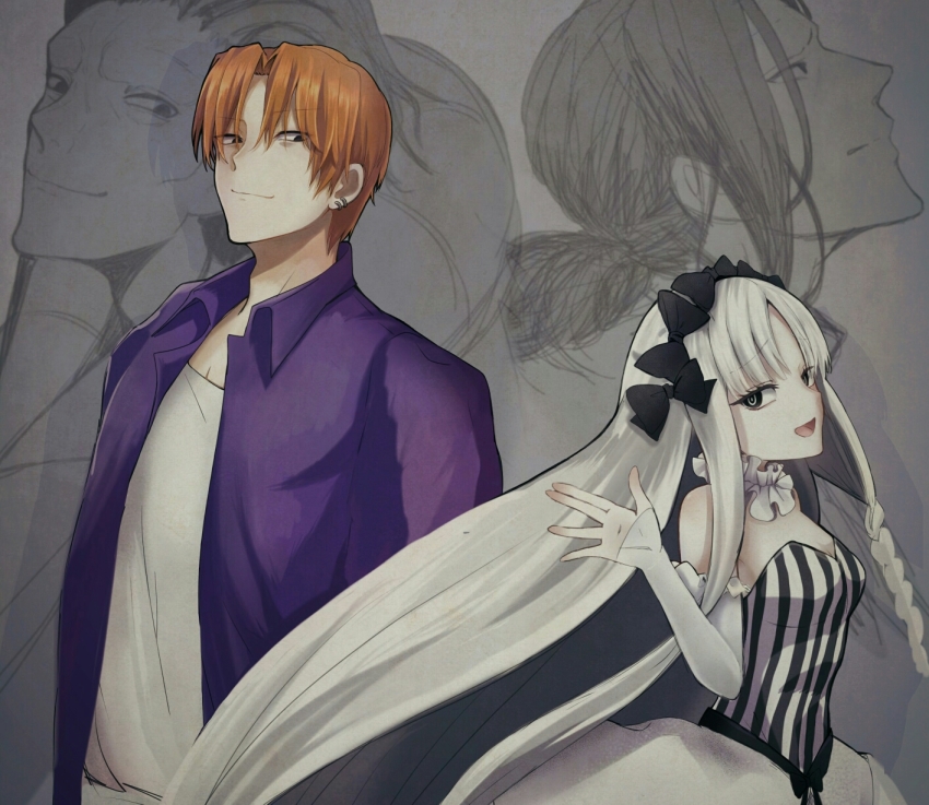 black_eyes braid breasts choker cloak detached_sleeves dress earrings fate/grand_order fate/strange_fake fate/zero fate_(series) francesca_(fate/strange_fake) frills gilles_de_rais_(caster)_(fate) gilles_de_rais_(fate) gilles_de_rais_(saber)_(fate) grey_hair hair_ornament highres jewelry long_hair open_mouth orange_hair ponytail short_hair smile uryuu_ryuunosuke