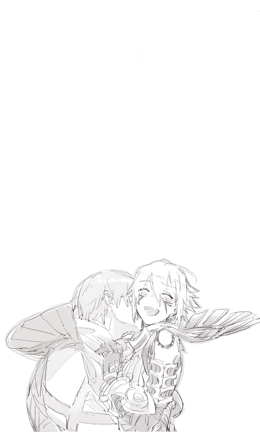 .hack// .hack//g.u. 2boys absurdres blush closed_eyes commentary_request facial_tattoo greyscale happy haseo_(.hack//) highres kiss kissing_neck maishi male_focus monochrome multiple_boys open_mouth ovan_(.hack//) short_hair shoulder_tattoo tattoo teeth upper_body upper_teeth_only yaoi