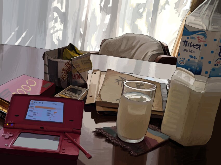 book bottle calpis cup drinking_glass handheld_game_console highres indoors nintendo_ds no_humans obon_(ensoku_300en) original plastic_bottle still_life stylus table