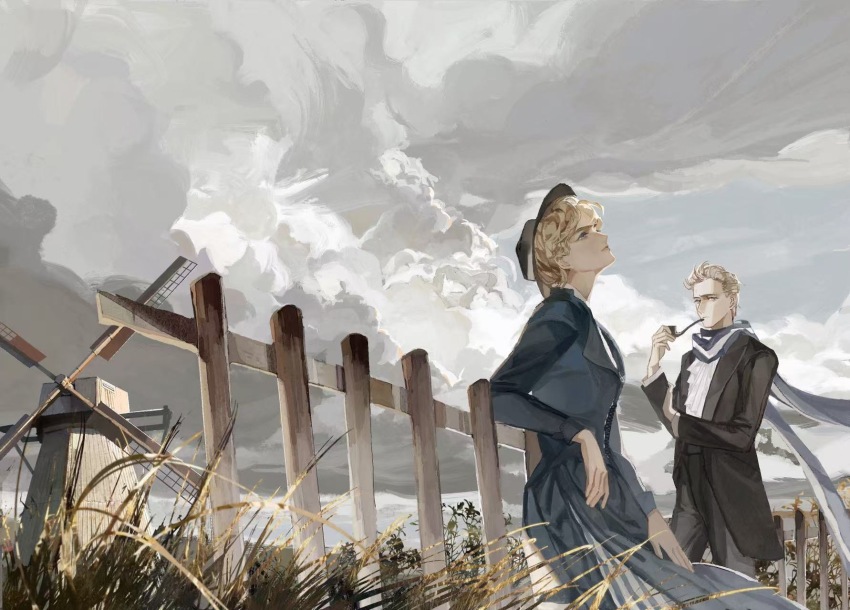 1boy 1girl axis_powers_hetalia blonde_hair cloud cloudy_sky day dress fence france_(female)_(hetalia) france_(hetalia) genderswap genderswap_(mtf) grass green_eyes grey_sky hair_slicked_back hat highres holding holding_smoking_pipe jacket long_sleeves musan312 netherlands_(hetalia) outdoors pants purple_eyes scar scar_on_face scar_on_forehead scarf shirt short_hair sky smoking_pipe spiked_hair windmill