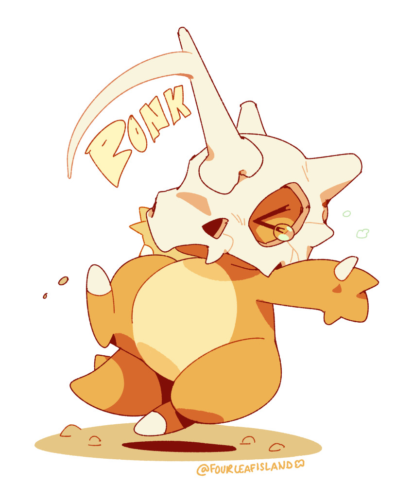 &gt;_&lt; absurdres animal_focus artist_name bonk clip_studio_paint_(medium) closed_eyes commentary cubone english_commentary falling fourleafisland full_body gen_1_pokemon highres motion_blur nintendo no_humans pokemon pokemon_(creature) simple_background skull solo sound_effects tearing_up white_background