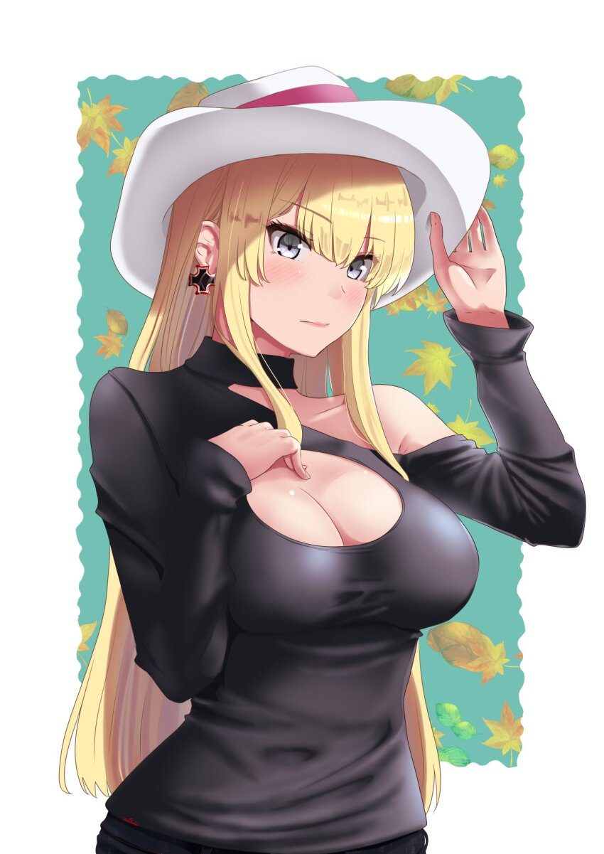 1girl alternate_costume autumn_leaves bismarck_(kancolle) black_shirt blonde_hair blue_eyes breasts circle_cutout cleavage cleavage_cutout clothing_cutout hat highres jouzaburou_(joe3) kantai_collection large_breasts leaf leaf_background long_hair shirt solo sun_hat upper_body white_hat