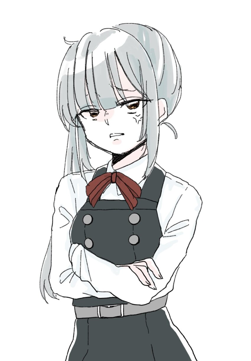 1girl brown_eyes collared_shirt commentary_request crossed_arms dress dress_shirt grey_hair hair_ribbon hemu_t highres kantai_collection kasumi_(kancolle) kasumi_kai_ni_(kancolle) long_hair long_sleeves looking_at_viewer neck_ribbon parted_lips pinafore_dress red_ribbon ribbon shirt side_ponytail simple_background sleeveless sleeveless_dress solo white_background white_shirt
