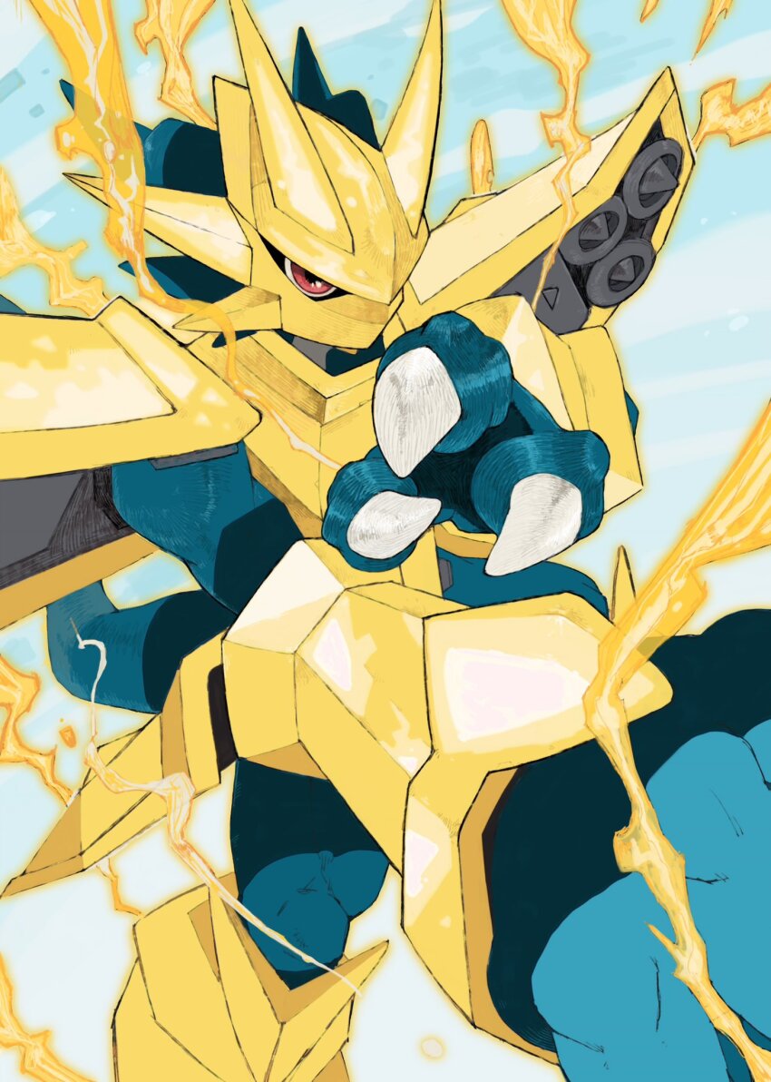 analog_boy02 armor blue_skin colored_skin cowboy_shot digimon digimon_(creature) dragon fewer_digits gold_armor gold_helmet highres looking_at_viewer magnamon red_eyes solo