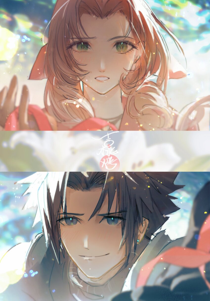 1boy 1girl absurdres black_gloves black_hair blue_eyes blurry blurry_background blurry_foreground brown_hair closed_mouth commentary_request crisis_core_final_fantasy_vii earrings final_fantasy final_fantasy_vii final_fantasy_vii_remake gloves green_eyes hair_ribbon highres jacket jewelry long_hair looking_at_viewer parted_bangs parted_lips pink_ribbon ppiinnee24 red_jacket ribbon smile spiked_hair stud_earrings sweater turtleneck turtleneck_sweater upper_body