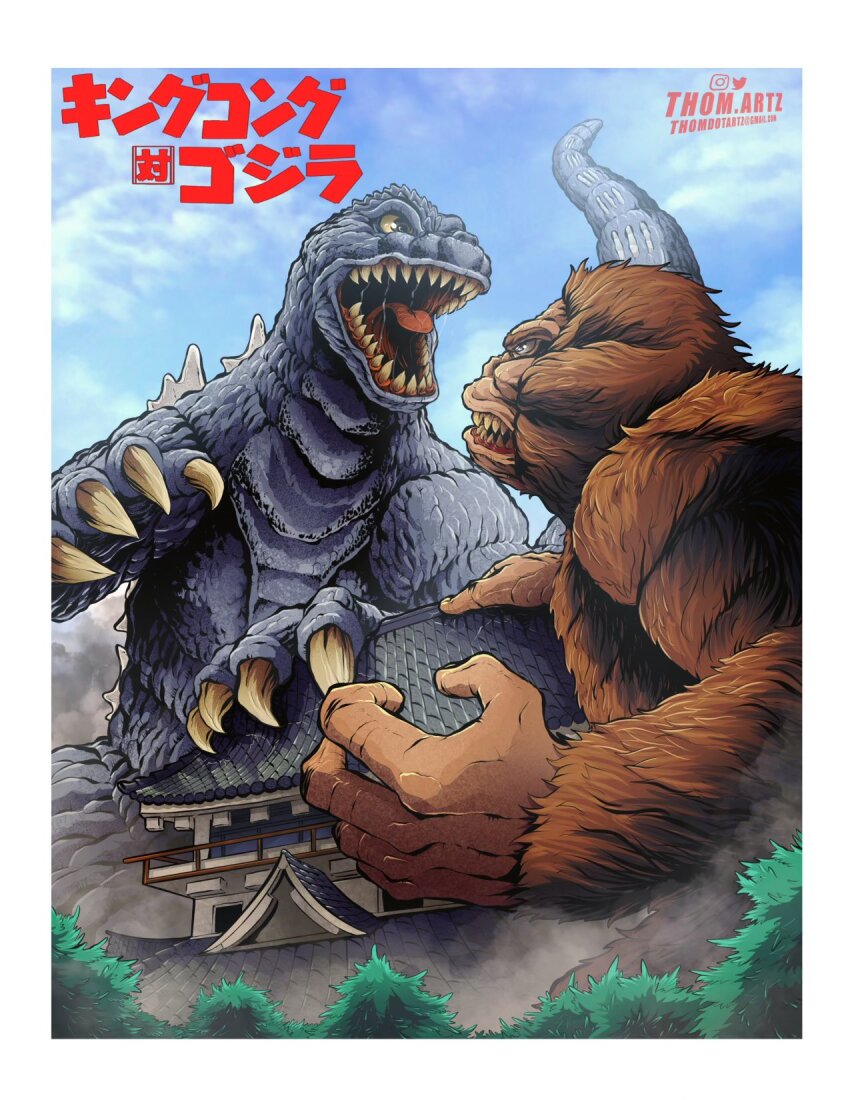 angry ape atami_castle blue_sky building castle claws cloud colored_sclera crossover day dinosaur dust forest giant giant_monster godzilla godzilla_(series) gorilla highres kaiju king_kong king_kong_(series) king_kong_vs._godzilla monster nature no_humans open_mouth pagoda real_world_location roaring sea_monster sharp_teeth sky spikes tail teeth thomdotartz toho tongue tree yellow_eyes yellow_sclera yellow_teeth
