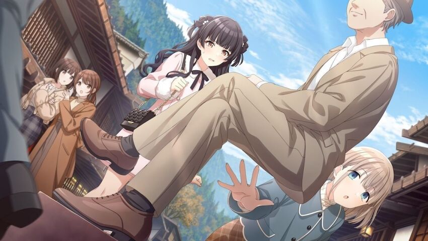 bag black_hair blue_eyes brown_eyes building buttons cloud coat crossed_legs faceless game_cg handbag idolmaster idolmaster_shiny_colors mayuzumi_fuyuko neck_ribbon official_art orange_eyes pants ribbon serizawa_asahi sitting sitting_on_air tree