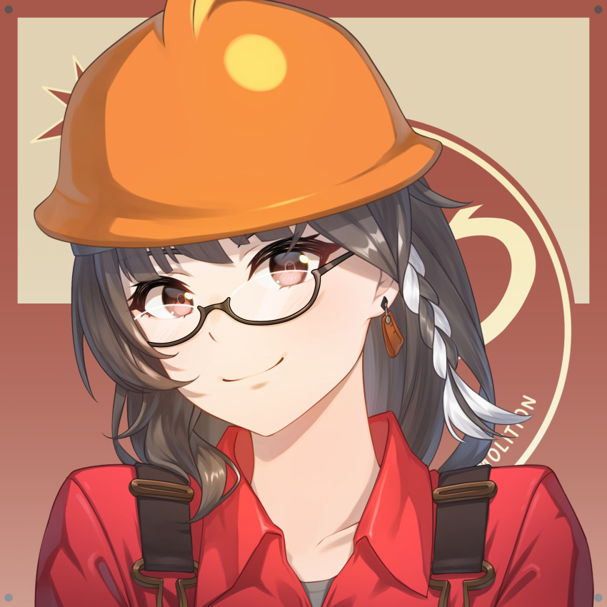 1girl acrylicstroke braid brown_eyes brown_hair closed_mouth collared_shirt commission commissioner_upload cosplay earrings engineer engineer_(tf2) engineer_(tf2)_(cosplay) entropy_(honkai_impact_3rd) female_dreamseeker_(honkai_impact) glasses helmet highres honkai_(series) honkai_impact_3rd jewelry long_hair looking_at_viewer non-web_source red_engineer_(tf2) red_shirt semi-rimless_eyewear shirt smile solo team_fortress_2 upper_body