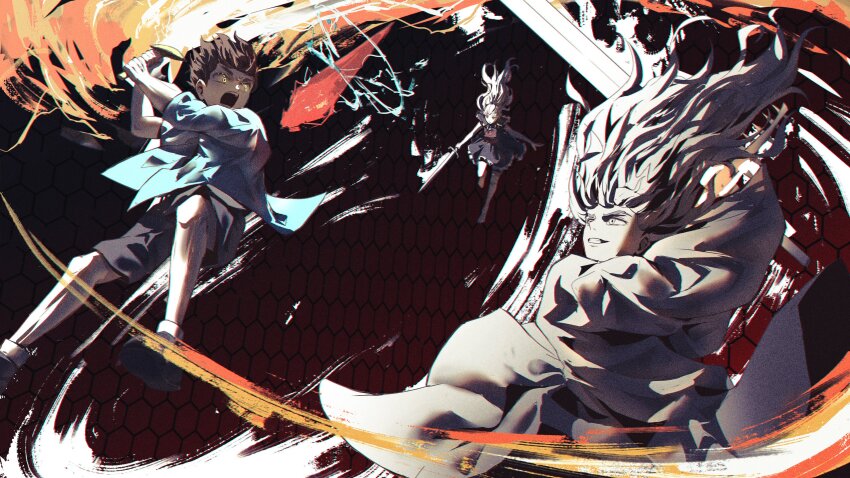 1girl 2boys absurdres albelda barefoot black_dress black_shorts blue_shirt commission dress energy_sword falling floating floating_hair hairband highres hoaqin holding holding_sword holding_weapon incoming_attack kapxapius long_hair long_sleeves looking_at_another motion_lines multiple_boys original robe shirt shoes shorts smile socks sword teeth tower_of_god twenty-fifth_bam weapon white_hair white_robe