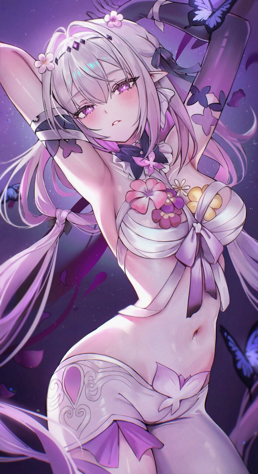 1girl absurdres adapted_costume arm_behind_head arm_up armpits arms_up breasts bright_pupils bug butterfly butterfly_earrings castorice_(honkai:_star_rail) commentary cowboy_shot earrings elbow_gloves flower gloves hair_flower hair_intakes hair_ornament highres honkai:_star_rail honkai_(series) insect jewelry large_breasts leggings light_blush long_hair looking_at_viewer navel parted_lips pink_flower pointy_ears purple_background purple_butterfly purple_eyes purple_gloves purple_hair purple_petals single_elbow_glove solo stomach very_long_hair white_leggings white_pupils zije