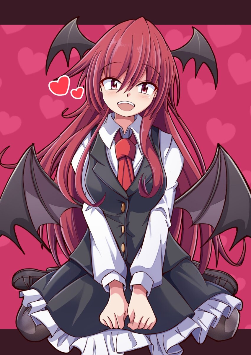 1girl ao_digidiva359 bat_wings black_shoes blush breasts buttons commentary_request demon demon_girl dress frilled_dress frilled_skirt frills head_wings heart heart_background highres imp koakuma long_hair long_sleeves looking_at_viewer medium_breasts necktie on_floor open_mouth own_hands_together red_eyes red_hair red_necktie shirt shoes skirt smile solo teeth touhou upper_teeth_only vest white_shirt wings
