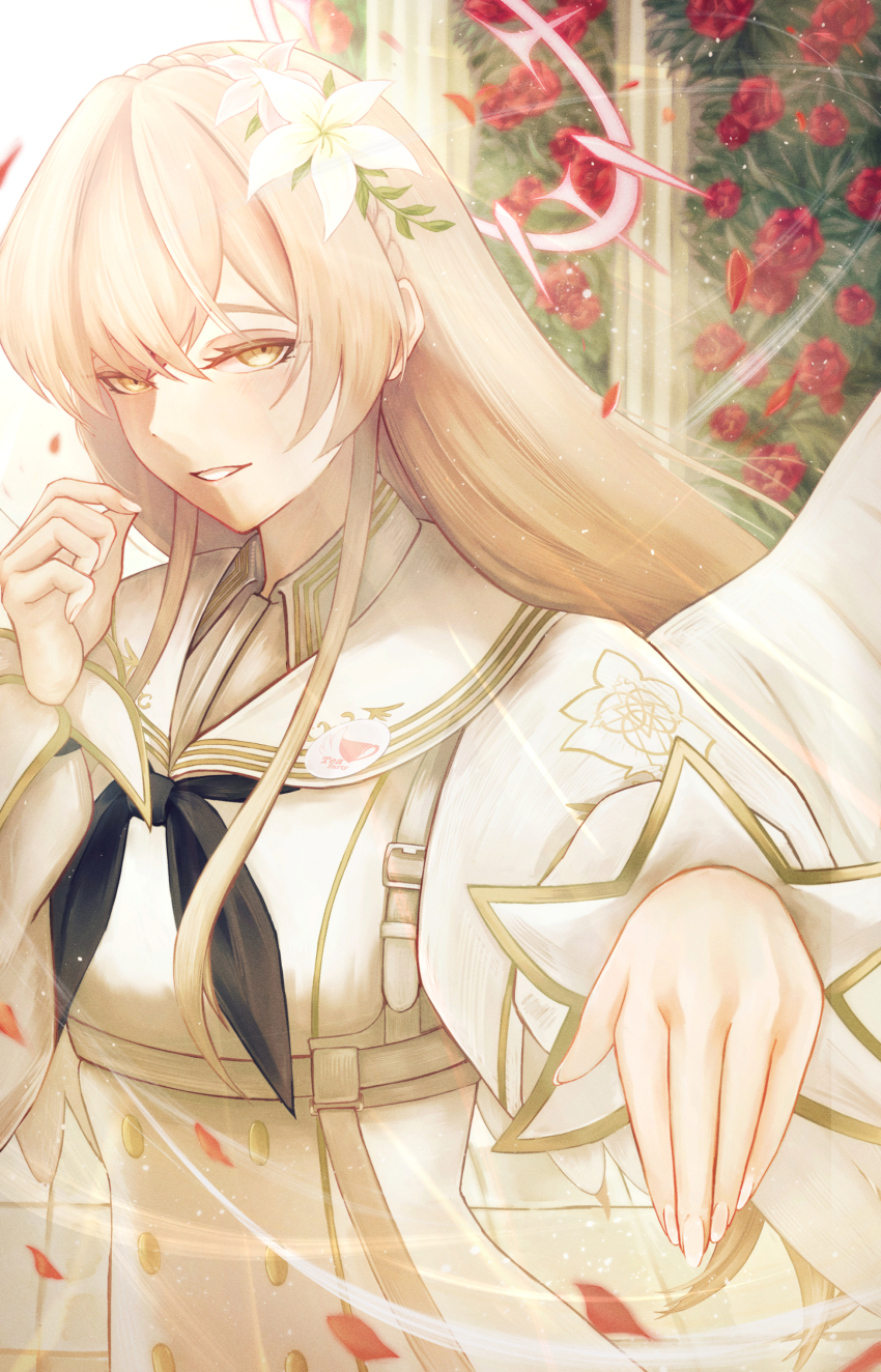 1girl absurdres black_neckerchief blonde_hair blue_archive blush bushi_(utew7553) crossed_bangs dress flower grin hair_between_eyes hair_flower hair_ornament highres long_hair looking_at_viewer nagisa_(blue_archive) neckerchief pink_flower sidelocks smile solo white_dress white_flower yellow_eyes