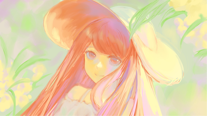 1girl bare_shoulders closed_mouth day dress eyelashes flower happy hat highres leaf long_hair looking_at_viewer morgue_(southsakura) off-shoulder_dress off_shoulder orange_hat original outdoors pink_eyes pink_hair pointy_nose smile solo straight_hair strap summer sun_hat two-sided_fabric two-sided_headwear upper_body white_dress white_hat yellow_flower