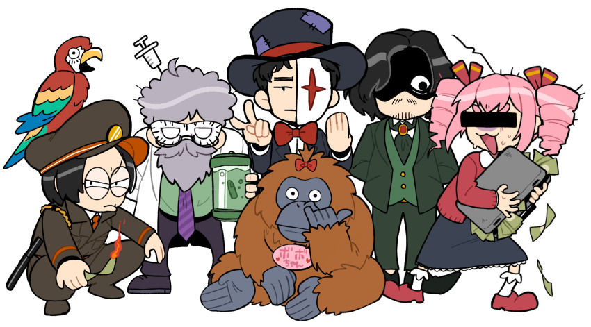 1girl 4boys :3 :| afro aged_up alternate_costume alternate_hairstyle animal animal_on_head arm_behind_back arms_behind_back aruko_okara ascot banknote bar_censor beard bird bird_on_head black_eyes black_hair black_hat black_skirt blank_eyes bow bowtie briefcase brooch brown_hat brown_jacket brown_pants burning cardigan censored character_request check_character closed_mouth coat copyright_request covered_eyes da_vinci_osorezan domino_mask drill_hair facial_hair formal_clothes frown full_beard glaring glasses goatee green_ascot green_jacket green_pants green_shirt green_suit green_vest grey_hair hair_ribbon half_mask harajuku_(omocoro) hat highres holding holding_briefcase holding_jar holding_money indie_virtual_youtuber jacket jar jewelry jitome katou_ryou lab_coat long_beard looking_at_another looking_at_viewer mask military_uniform money multiple_boys mustache nagata_(omocoro) necktie no_mouth nose_picking object_through_head on_head onosanlove open_clothes open_coat open_mouth orangutan pants parrot peaked_cap pink_hair purple_necktie real_life red_bow red_bowtie red_cardigan red_ribbon red_shoes ribbon round_eyewear scared severed_finger shaded_face shirt shoes short_hair simple_background skirt slav_squatting socks squatting standing striped_necktie suit syringe_in_head tokumei_radio top_hat twin_drills v-shaped_eyebrows vest virtual_youtuber white_socks