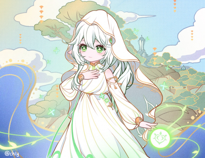 1girl chinese_commentary chishahaone_(吃啥好呢) commentary_request cross-shaped_pupils detached_sleeves dress genshin_impact green_eyes hand_on_own_chest long_hair nahida_(genshin_impact) pointy_ears side_ponytail solo statue_of_the_seven symbol-shaped_pupils white_dress white_hair