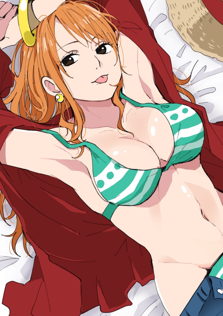 1girl armpits arms_up bed_sheet bikini blue_pants bracelet breasts brown_eyes chiya_op cleavage collarbone commentary cosplay earrings green_bikini groin hat highres jewelry large_breasts long_hair looking_at_viewer lying monkey_d._luffy monkey_d._luffy_(cosplay) nami_(one_piece) navel on_back one_piece open_clothes open_fly open_shirt orange_hair pants pearl_earrings red_shirt shirt sidelocks solo stomach straw_hat swept_bangs swimsuit tongue tongue_out