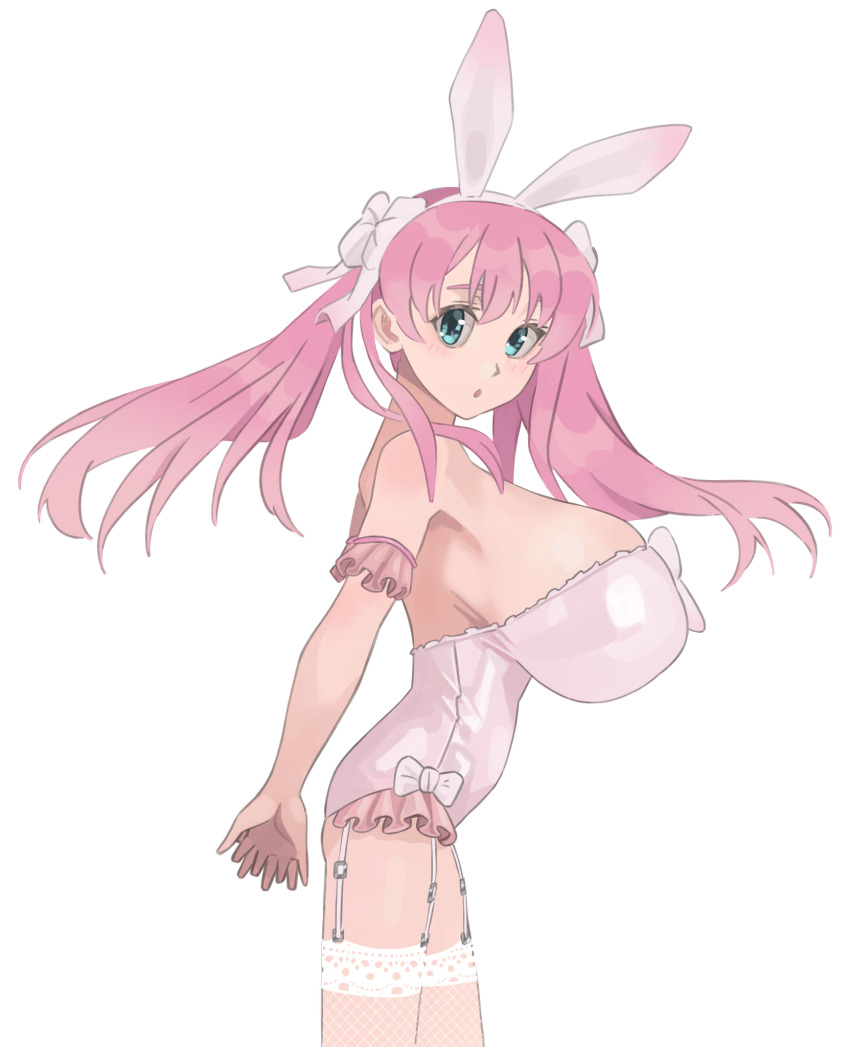 1girl ass blue_eyes blush breasts flat_ass hands_behind haramura_nodoka highres huge_breasts large_breasts leotard long_hair looking_at_viewer niwatori5948 pink_hair pink_leotard rabbit_ears saki_(manga) thighhighs thighs third-party_source twintails