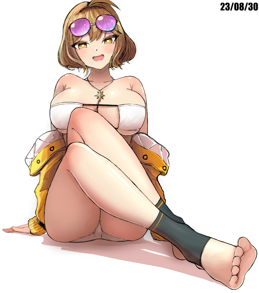 1girl absurdres anis_(nikke) anis_(sparkling_summer)_(nikke) ass barefoot bikini blush breasts brown_hair cleavage collarbone dated eyepatch_bikini eyewear_on_head goddess_of_victory:_nikke highres jacket jacket_partially_removed knees_up koitusmile large_breasts looking_at_viewer official_alternate_costume simple_background sitting smile solo stirrup_legwear swimsuit tinted_eyewear toeless_legwear toes white_background white_bikini yellow_jacket