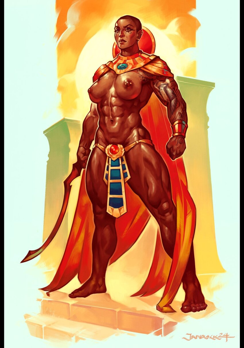 1girl abs arm_tattoo border bracelet buzz_cut cape dark-skinned_female dark_skin earrings highres holding holding_sword holding_weapon janrock jewelry khopesh makeup mascara muscular muscular_female navel nipples original short_hair shotel signature solo stairs sword tattoo thick_thighs thighs very_short_hair weapon white_border