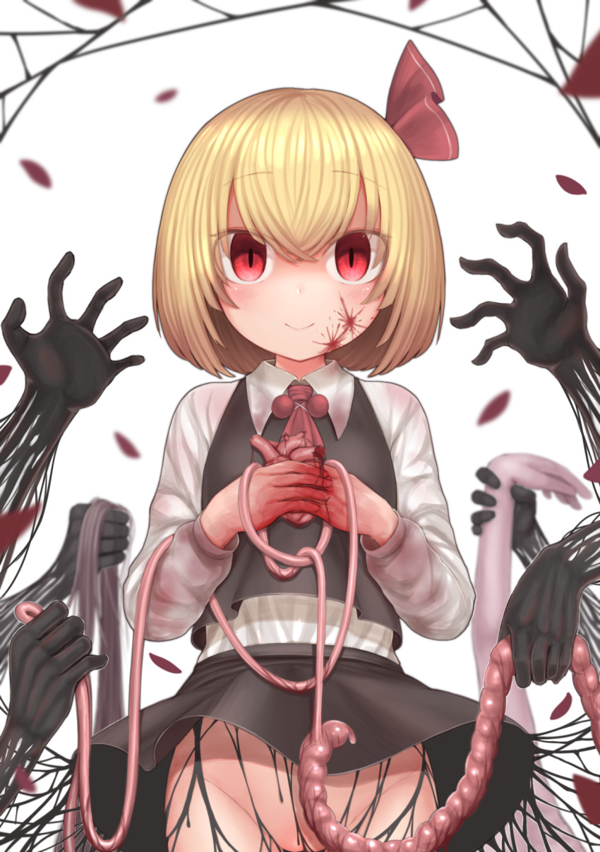 1girl black_skirt black_vest blonde_hair blood blood_on_face blood_on_hands blush bow closed_mouth commentary_request cowboy_shot darkness empty_eyes entrails ero_guro fingernails guro hair_bow harunoha heart_(organ) highres holding holding_heart_(organ) intestines long_sleeves looking_at_viewer no_panties organs pussy red_bow red_eyes rumia severed_arm severed_limb shirt short_hair skirt skirt_set slit_pupils smile solo touhou vest white_background white_shirt