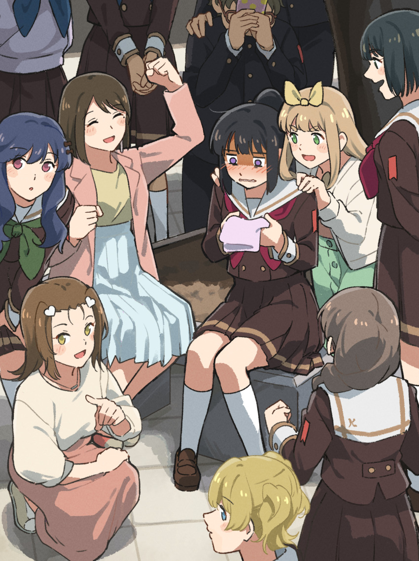 2boys 6+girls asakura_tamari black_hair blonde_hair blue_hair braid brown_hair clenched_hands embarrassed fist_pump fuyuhino glasses green_eyes hair_ribbon handkerchief hands_on_another&#039;s_shoulders hibike!_euphonium highres holding holding_handkerchief jewelry jitome kabe_tomoe kneeling kohinata_yume kousaka_reina long_hair looking_at_viewer medium_hair multiple_boys multiple_girls nakaseko_kaori necklace own_hands_together pointing ponytail praying purple_eyes red_eyes ribbon school_uniform short_hair sitting smile takami_suguru takano_hisae takino_sayaka twintails yellow_eyes yoshikawa_yuuko