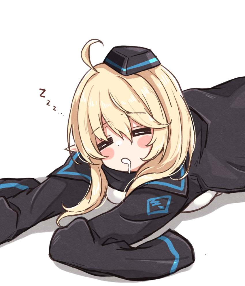 1girl ahoge arknights black_hat blonde_hair blush_stickers breasts closed_eyes commentary drooling durin_(arknights) garrison_cap hat highres lying maiq06 on_stomach pointy_ears sidelocks simple_background sleeping sleeves_past_fingers sleeves_past_wrists solo upper_body white_background zzz