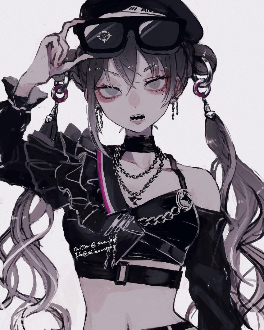 1girl adjusting_eyewear asymmetrical_clothes black_choker black_hair black_hat choker earrings eyewear_on_head frills grey_eyes hair_between_eyes hat highres idolmaster idolmaster_cinderella_girls instagram_username jewelry long_hair long_sleeves looking_at_viewer mole mole_under_eye navel necklace open_mouth sharp_teeth shino_(shino-xx) simple_background single_bare_shoulder solo sunazuka_akira sunglasses tank_top teeth twintails twitter_username white_background