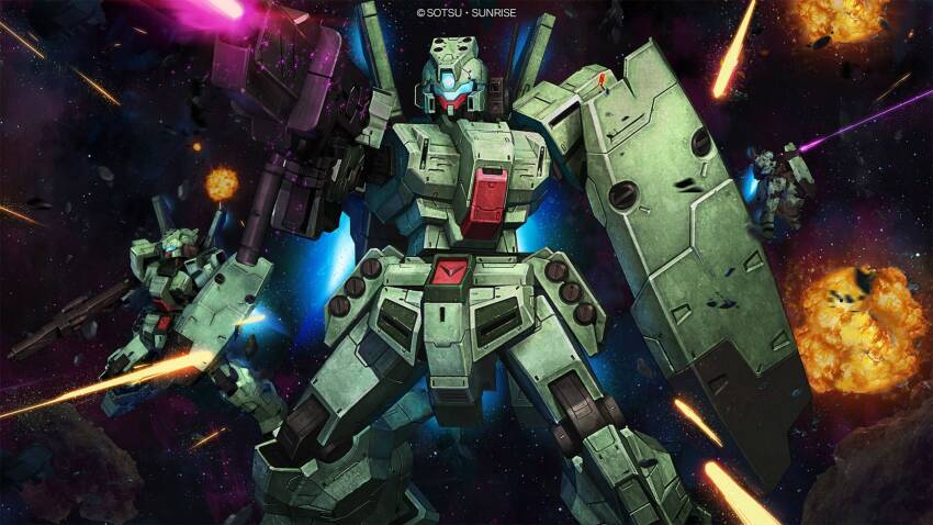 absurdres aiming army assault_visor asteroid battle beam_rifle blue_visor company_name copyright_notice debris energy_beam energy_gun explosion firing fleet glowing gundam gundam_battle_operation_2 highres holding holding_weapon jeddah_(mobile_suit) machinery mecha mecha_focus missile_pod mobile_suit nebula official_art painting_(medium) realistic robot scan science_fiction shield space star_(sky) sunrise_(company) tenjin_hidetaka thrusters traditional_media weapon zero_gravity