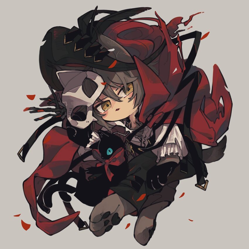 1boy animal_ears animal_hands arknights black_cat blue_eyes brown_hair cape cat cat_boy cat_ears chibi miss_christine_(arknights) grey_background highres long_sleeves looking_at_viewer male_focus mask mask_on_head multiple_tails parted_lips phantom_(arknights) phantom_(focus)_(arknights) red_cape remu_(kudarizaka_25) shirt short_hair simple_background solo tail tearing_up torn_cape torn_clothes white_shirt yellow_eyes
